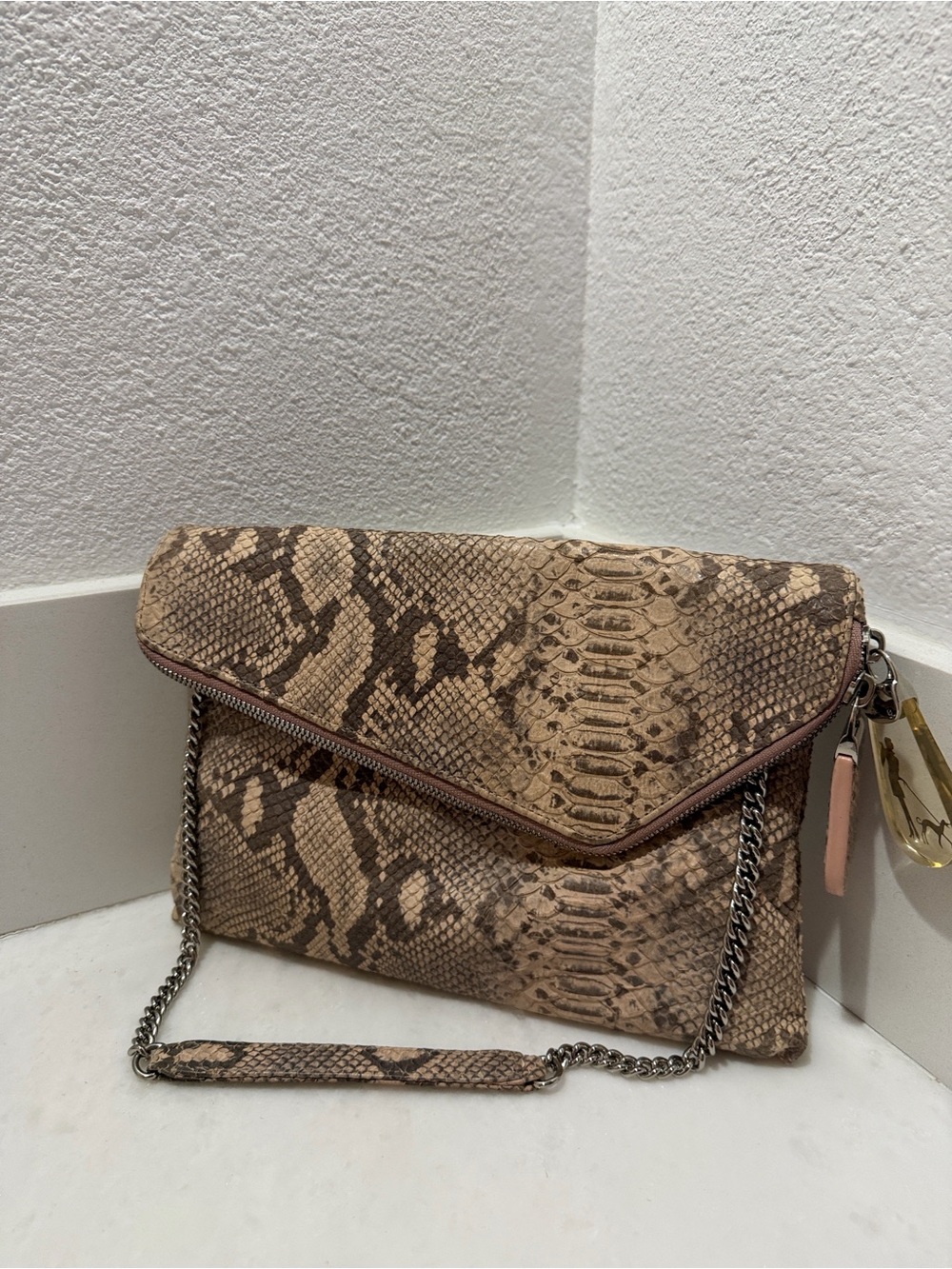 Snake-Print Foldover Crossbody Clutch in Beige